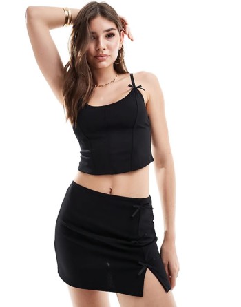 bow trim top and mini skirt co-ord in black