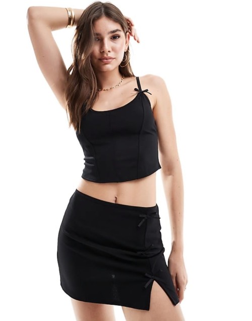 bow trim top and mini skirt co-ord in black