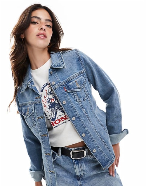 tailored slim fit denim trucker shirt in light blue