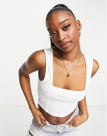 crop cami with square neck and seam detail in white