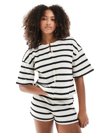stripe cut and sew boxy oversized co ord shirt in ivory