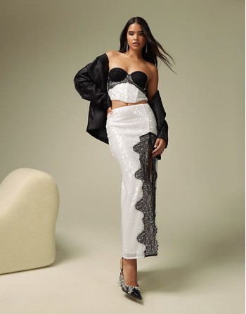 co-ord sequin bandeau corset top and midi skirt in white