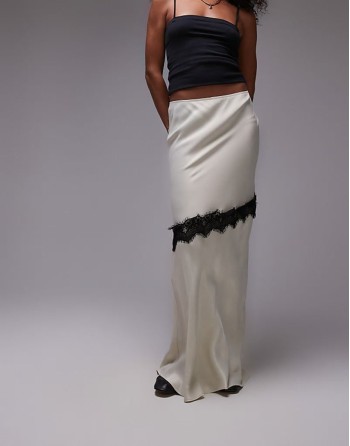 Satin bias maxi skirt with diagonal lace insert in champagne