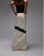 Satin bias maxi skirt with diagonal lace insert in champagne