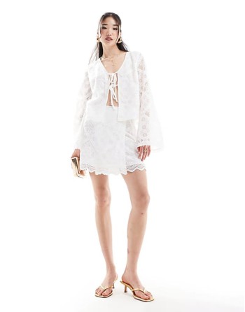 lace tie side mini skirt co-ord in white