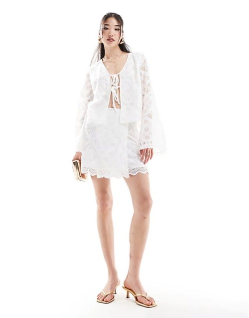 lace tie side mini skirt co-ord in white