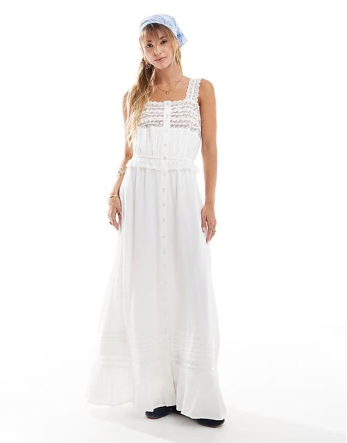 crinkle lace insert strappy maxi dress in cream