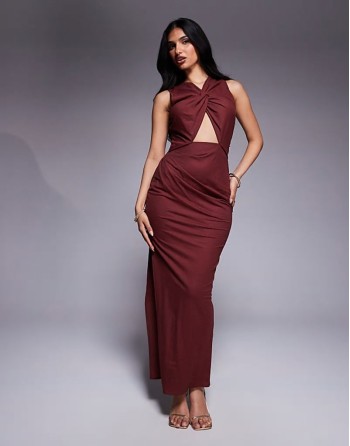 stretch linen twist detail midi dress with gold trim back in wine