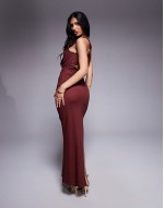 stretch linen twist detail midi dress with gold trim back in wine