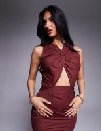 stretch linen twist detail midi dress with gold trim back in wine