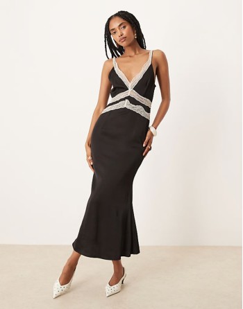 contrast lace insert satin midaxi dress in black