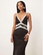 contrast lace insert satin midaxi dress in black