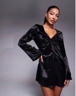 satin angel sve plunge mini dress in black