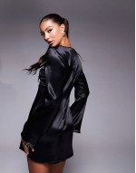satin angel sve plunge mini dress in black