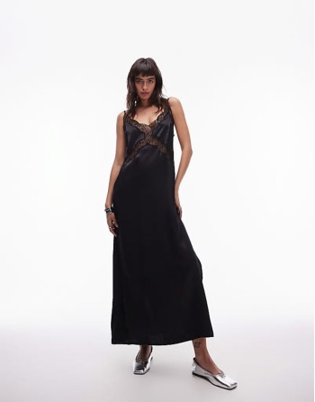 lace insert midi dress in black