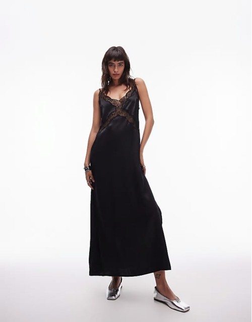 lace insert midi dress in black
