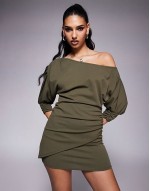 slash shoulder wrap skirt mini dress in khaki