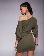 slash shoulder wrap skirt mini dress in khaki