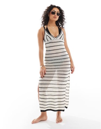 stripe crochet maxi beach dress in white
