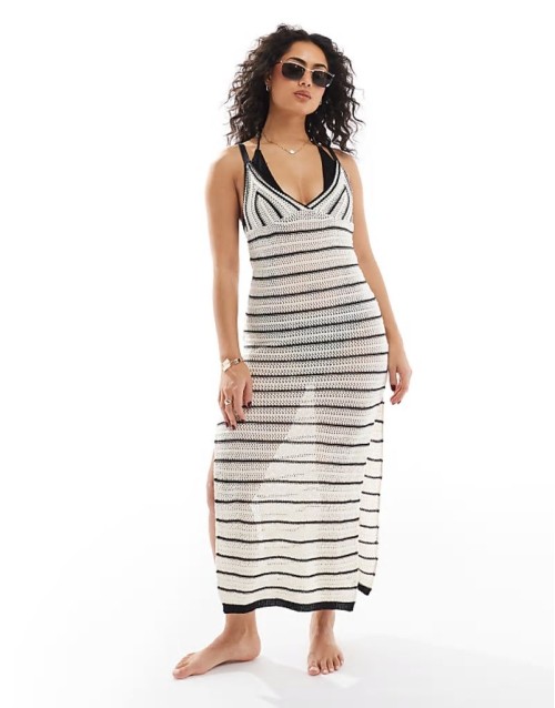 stripe crochet maxi beach dress in white