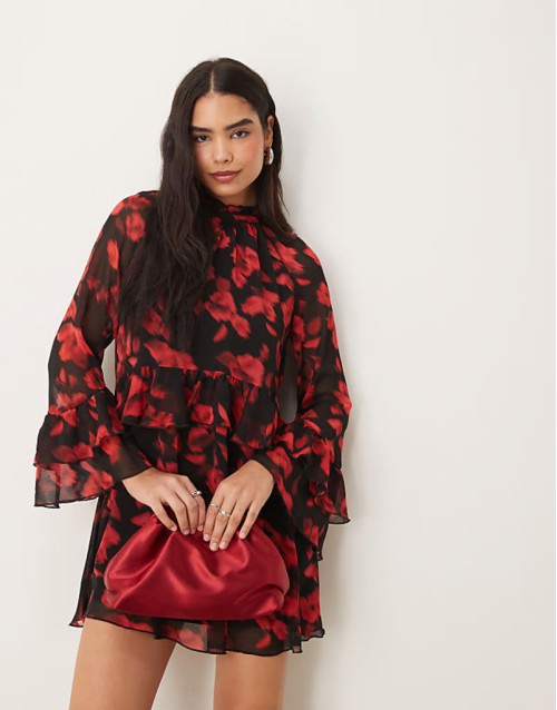 chiffon mini dress in rose print