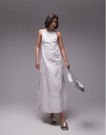 premium halter lace and broderie midi dress in ivory