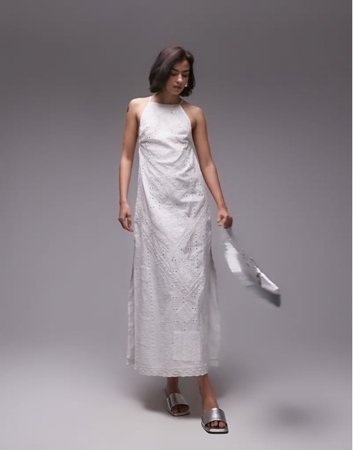 premium halter lace and broderie midi dress in ivory
