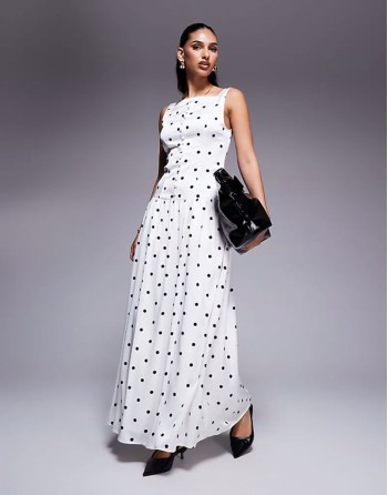 exclusive high square neck button through drop waist satin maxi dress in mono polka dot