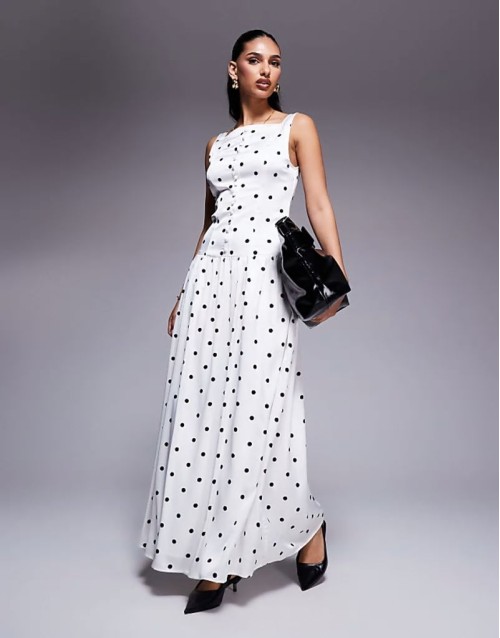 exclusive high square neck button through drop waist satin maxi dress in mono polka dot