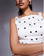 exclusive high square neck button through drop waist satin maxi dress in mono polka dot