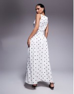 exclusive high square neck button through drop waist satin maxi dress in mono polka dot