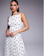 exclusive high square neck button through drop waist satin maxi dress in mono polka dot