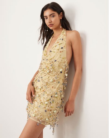 embellished stone halterneck mini dress in multi