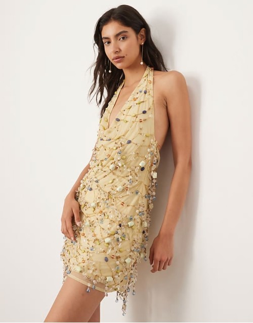 embellished stone halterneck mini dress in multi