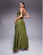lace insert satin stripe panelled maxi dress in green
