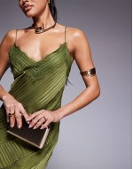 lace insert satin stripe panelled maxi dress in green
