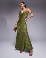 lace insert satin stripe panelled maxi dress in green