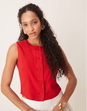 linen high neck cropped vest in red