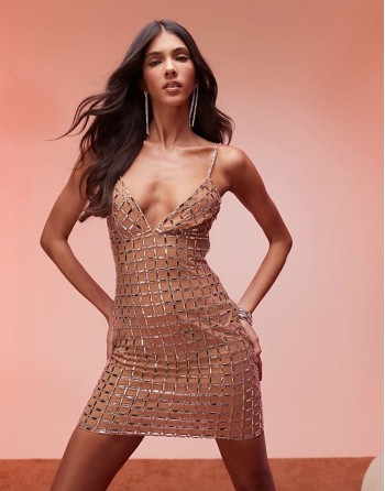 Ronja embellished plunge mini dress in almond