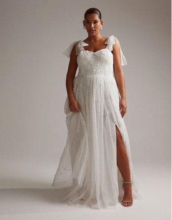 Curve Mila floral embellished mesh wedding dress with tie straps in ivory