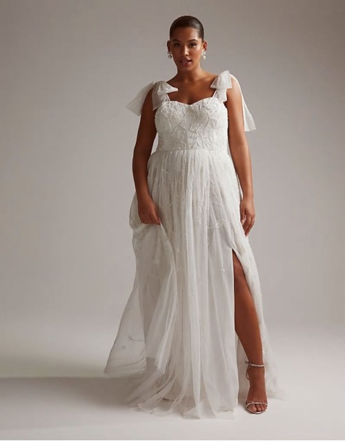 Curve Mila floral embellished mesh wedding dress with tie straps in ivory