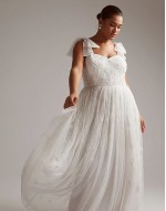 Curve Mila floral embellished mesh wedding dress with tie straps in ivory