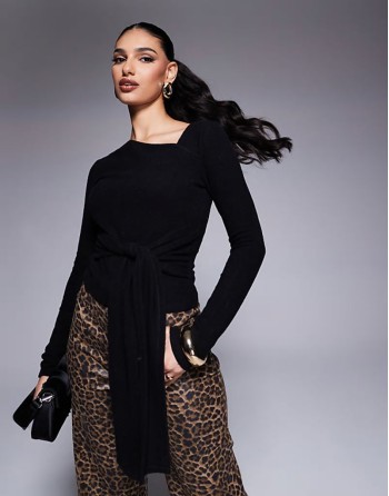brushed asymmetric neck long sve top with tie waist detail black