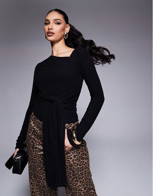 brushed asymmetric neck long sve top with tie waist detail black