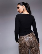 brushed asymmetric neck long sve top with tie waist detail black